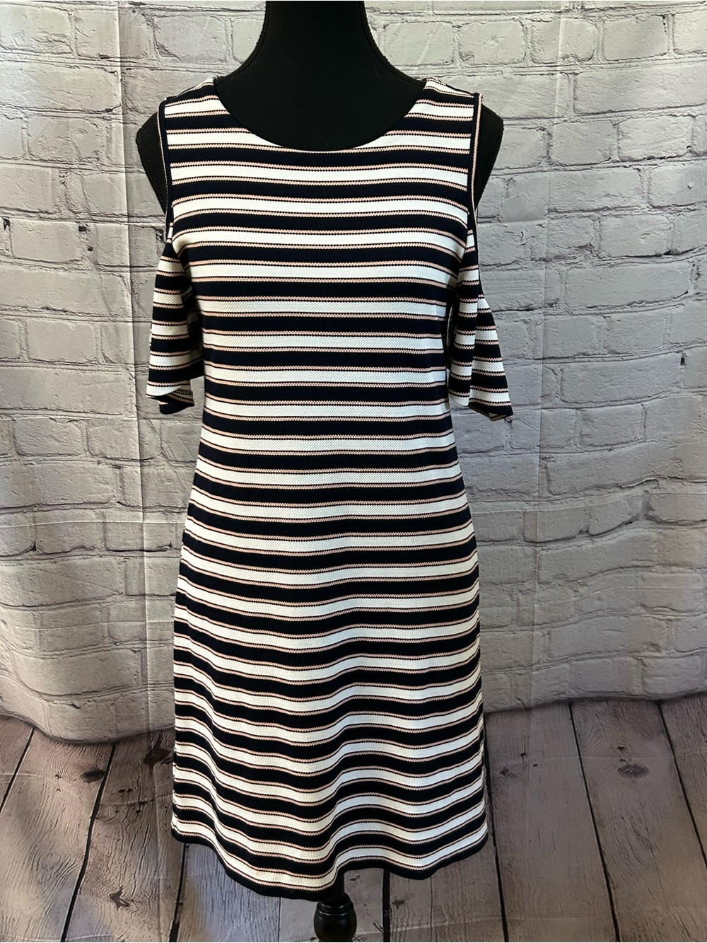 Ann Taylor Black and White Striped Cold-Shoulder Midi Dress